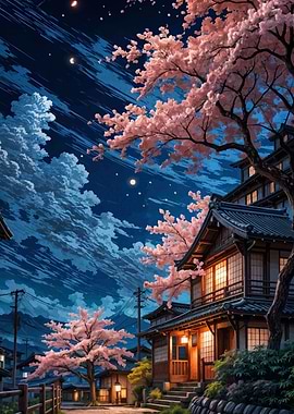 Japanese Village at Night with Cherry Blossoms