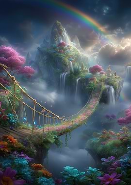 Fantasy Landscape with Rainbow and Bridge