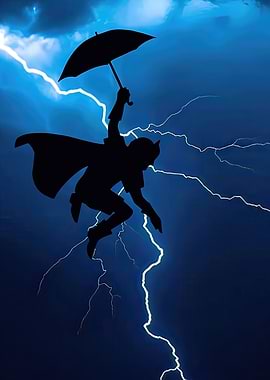 Silhouette of Character Flying with Umbrella