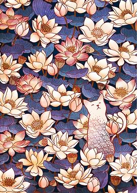 Cat among the Lotus Flowers
