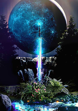 Glowing Sword in Fantasy Landscape