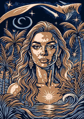 Tropical Woman Portrait with Palm Trees