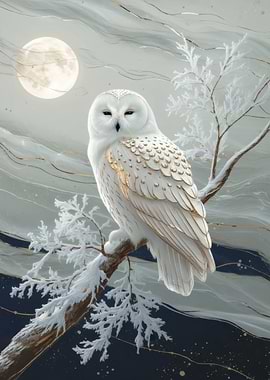 Snowy Owl Perched Under Moonlight