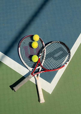 Tennis rackets and balls on court