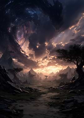 Dramatic Fantasy Landscape with Stormy Sky