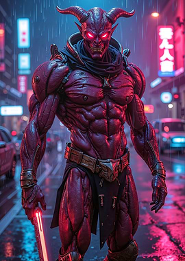 Cyberpunk Demon in Rainy Cityscape