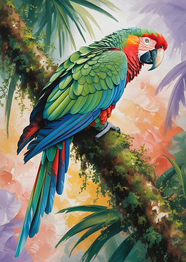 Colorful Parrot on Mossy Branch