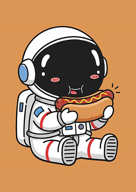 Astronaut Eating Hotdog Cartoon Illustration