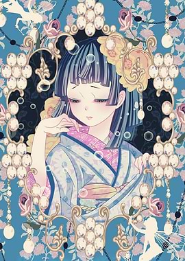 Anime Girl in Kimono with Floral Frame