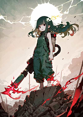 Anime Girl with Weapon in Wasteland