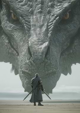Knight facing a giant dragon