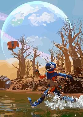 Astronaut Running on Alien Planet