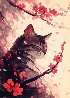 Cat with Cherry Blossoms Illustration