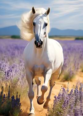 White Horse Running Through Lavender Field