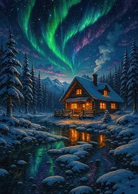 Winter Cabin Under Aurora Borealis