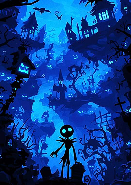 Spooky Blue Halloween Town Illustration