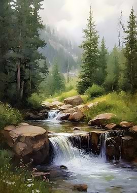 Mountain Stream Waterfall Landscape Painting