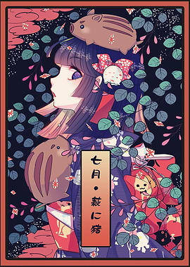 Anime Girl with Boars and Floral Kimono