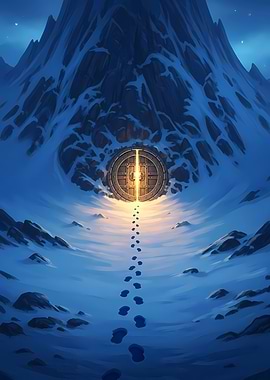 Mystical Snowy Mountains with Glowing Doorway and Footprints