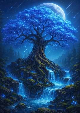 Mystical Blue Tree and Waterfalls