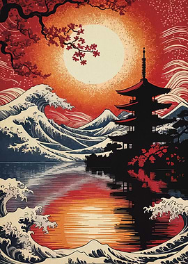 Japanese Landscape with Pagoda and Waves