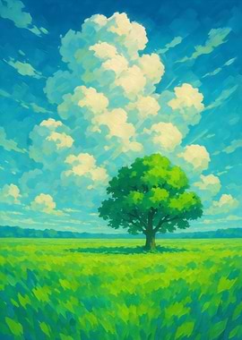 Green Field with Tree and Clouds
