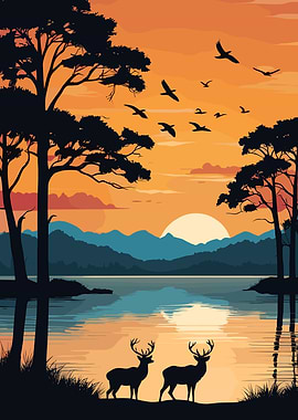 Lake Sunset with Deer and Birds