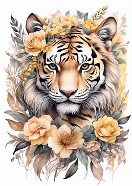 Tiger portrait with floral arrangement