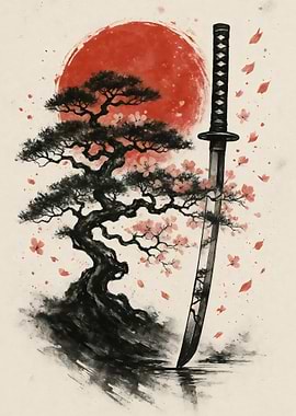 Japanese Katana with Cherry Blossoms and Sun