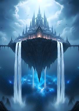 Floating Castle Waterfalls in a Nebula Sky