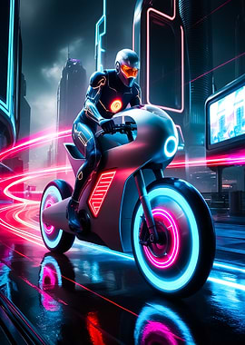 Futuristic Rider on Neon Motorcycle
