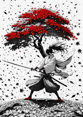 Samurai with Sword under Maple Tree