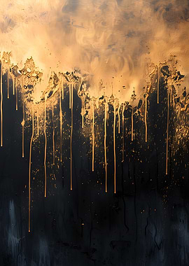 Golden Drips on Black Abstract Art
