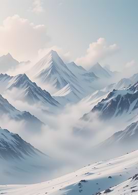 Snowy Mountain Range with Fog