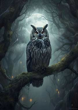 Horned Owl Perched on Branch in Moonlight