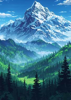 Snowy Mountain Landscape with Green Forest