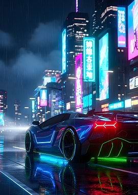 Cyberpunk Car in Rainy Cityscape
