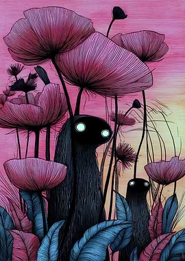 Mystical Creatures in a Floral Landscape