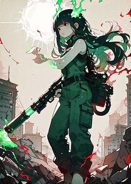 Anime Girl with Weapon in Ruined City