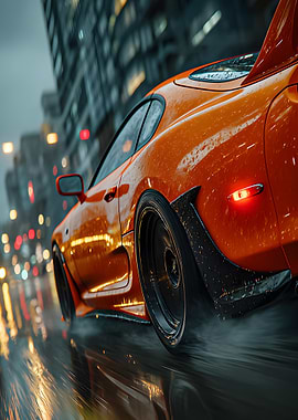 Orange Sports Car in Rainy Cityscape