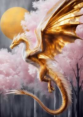 Golden Dragon in Cherry Blossom Forest
