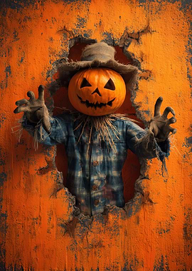 Halloween Scarecrow Breaking Through Wall