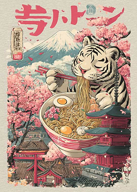 Tiger Eating Ramen with Japanese Scenery