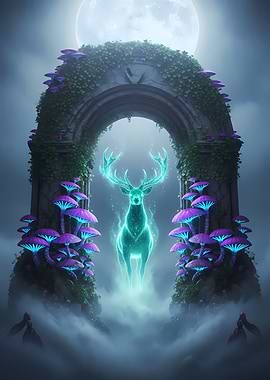 Glowing Deer in Moonlit Archway with Purple Mushrooms and Foggy Night Sky
