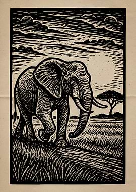 Elephant Linocut Print Vintage Art