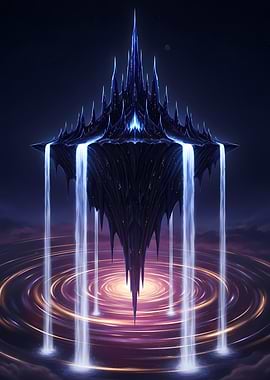 Floating Dark Spired Castle Over Cosmic Vortex Waterfalls