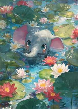 Cute Elephant in Lotus Pond