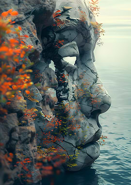 Stone Face Sculpture by the Water