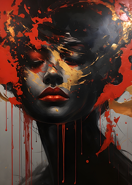 Abstract Portrait with Red and Gold Accents