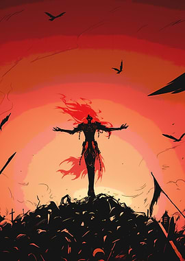 Silhouette Figure on Battlefield at Sunset